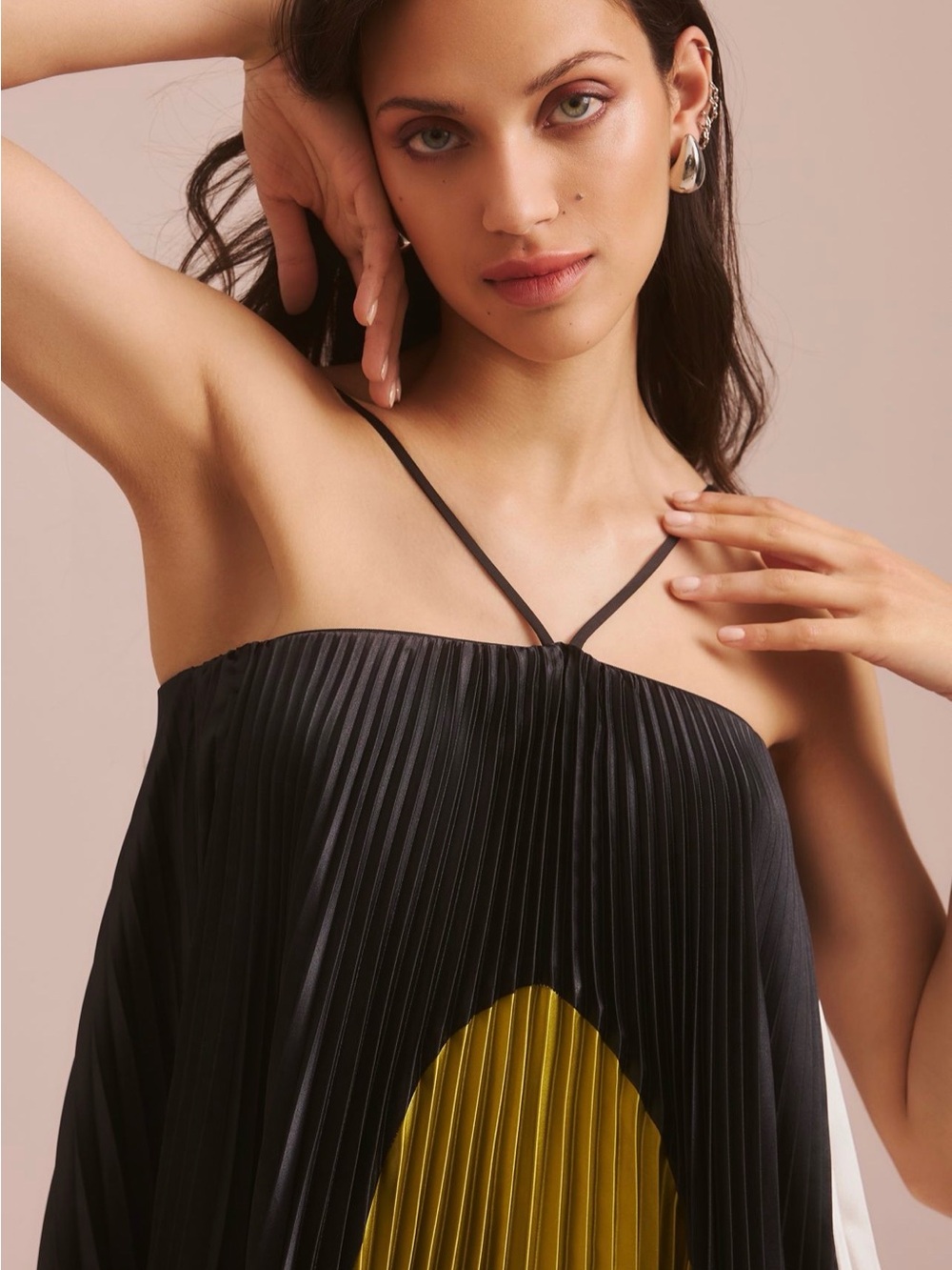 Pleated Maxi Dress with Contrast Panel - Black